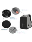 Mochila antirrobo USB reforzada con multiple bolsillos negro 3