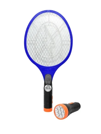 Raqueta mata mosquitos mediante descarga electrica, con linterna
